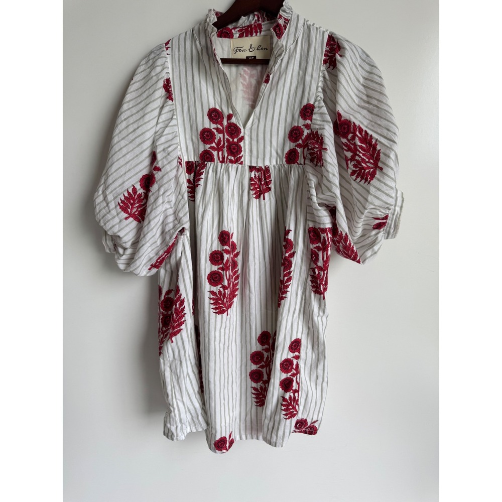 Fox & Hen Block Print Floral Striped Babydoll Mini Dress Milkmaid Puff Sleeve XS